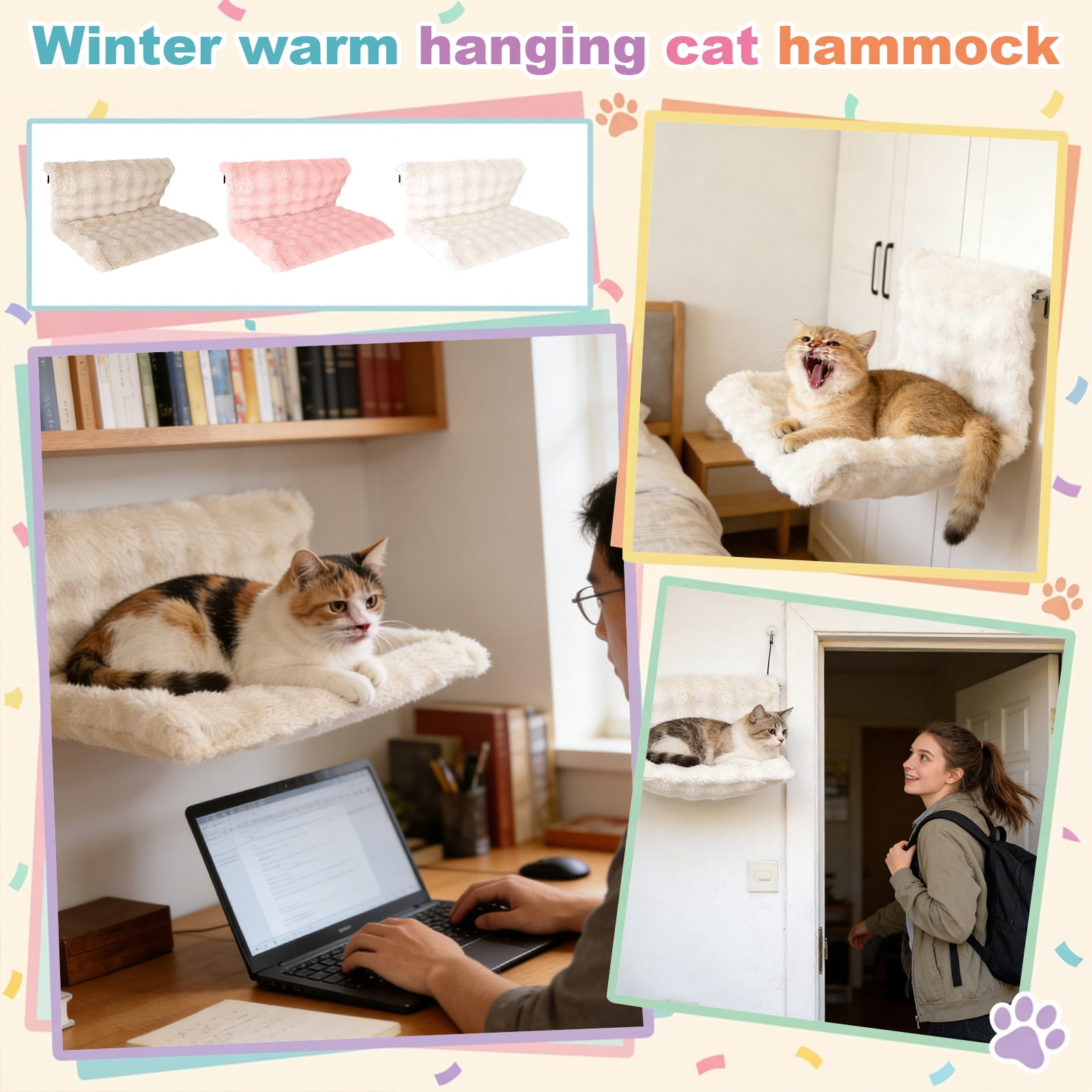 Cat Window Perch Cat Hammock, Foldable Hanging Cat Bed with Strong Suction Cups, Washable Sunny Seat for Indoor Cats & Small Dogs, Space Saving Pet Furniture, 1Pcs Beige