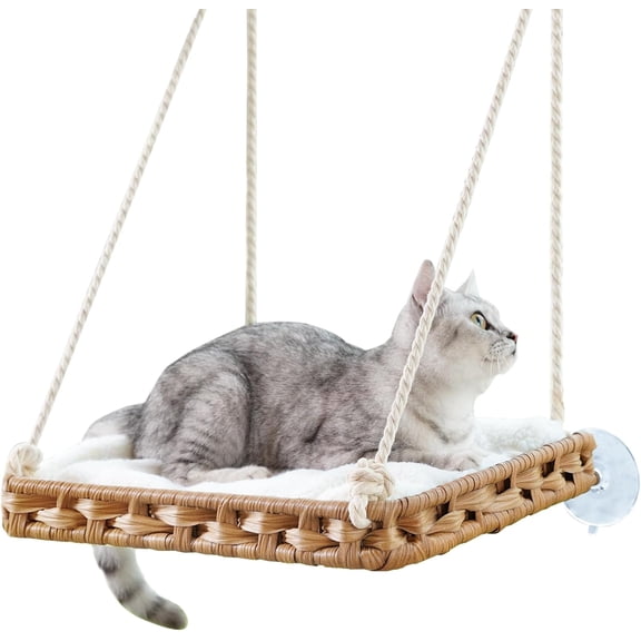 Cat Window Perch Cat Window Hammock Bed for Indoor Cats, Large Handwoven PE Rattan Window Seat, 4 Suction Cups, Double Sided Washable Cushion Bed, 2.3 Inch Fence Shelf, for Pet Kittens Natural