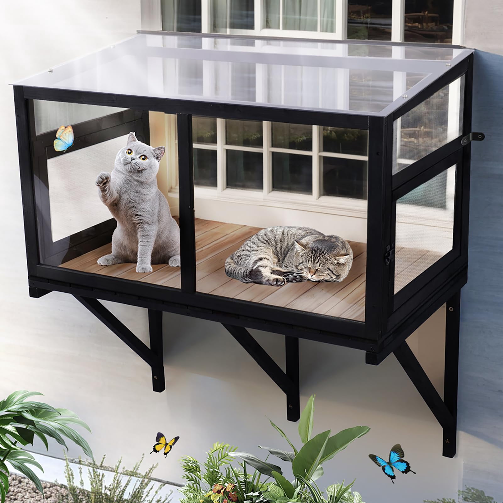 Cat Window Perch Enclosure Outdoor Catio withProof Mesh for Sunbathing Napping Watching Birds Indoor Cats Safe Space, black