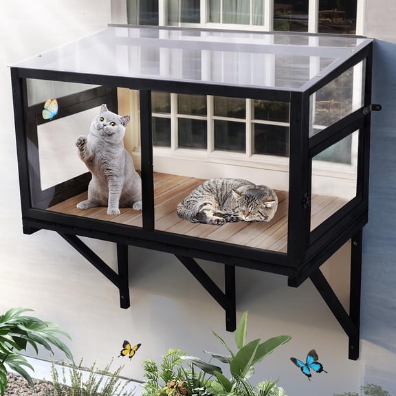 Cat Window Perch Enclosure Outdoor Catio withProof Mesh for Sunbathing Napping Watching Birds Indoor Cats Safe Space, black