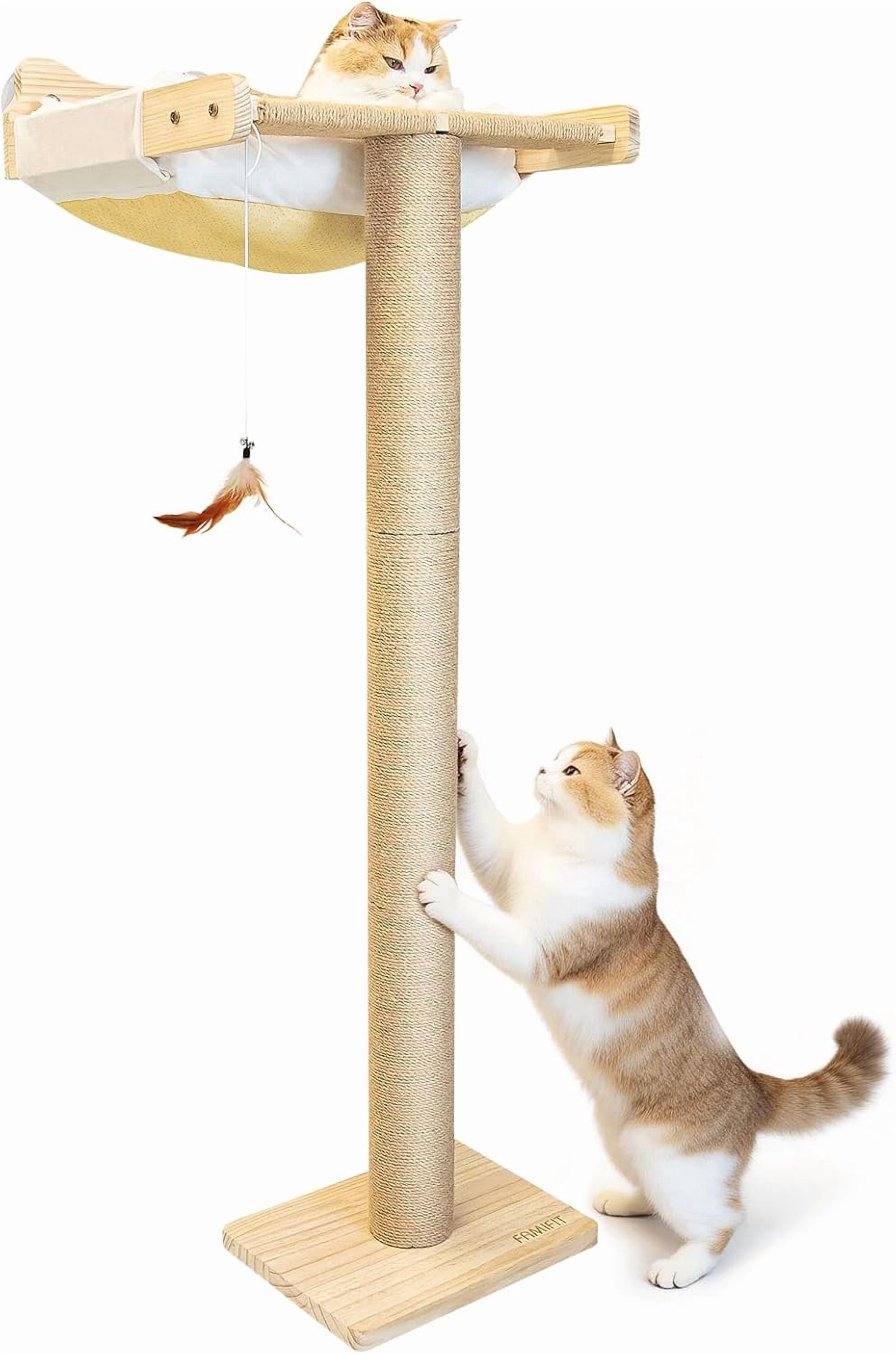 Cat Window Perch Hammock with 3-Piece Detachable Sisal Scratching Posts, Gray Fluffy Cusion, Drill-Free Suction Cup Mount, Multi-Level Climbing Perch for Bird Watching, 45 LBS Capacity