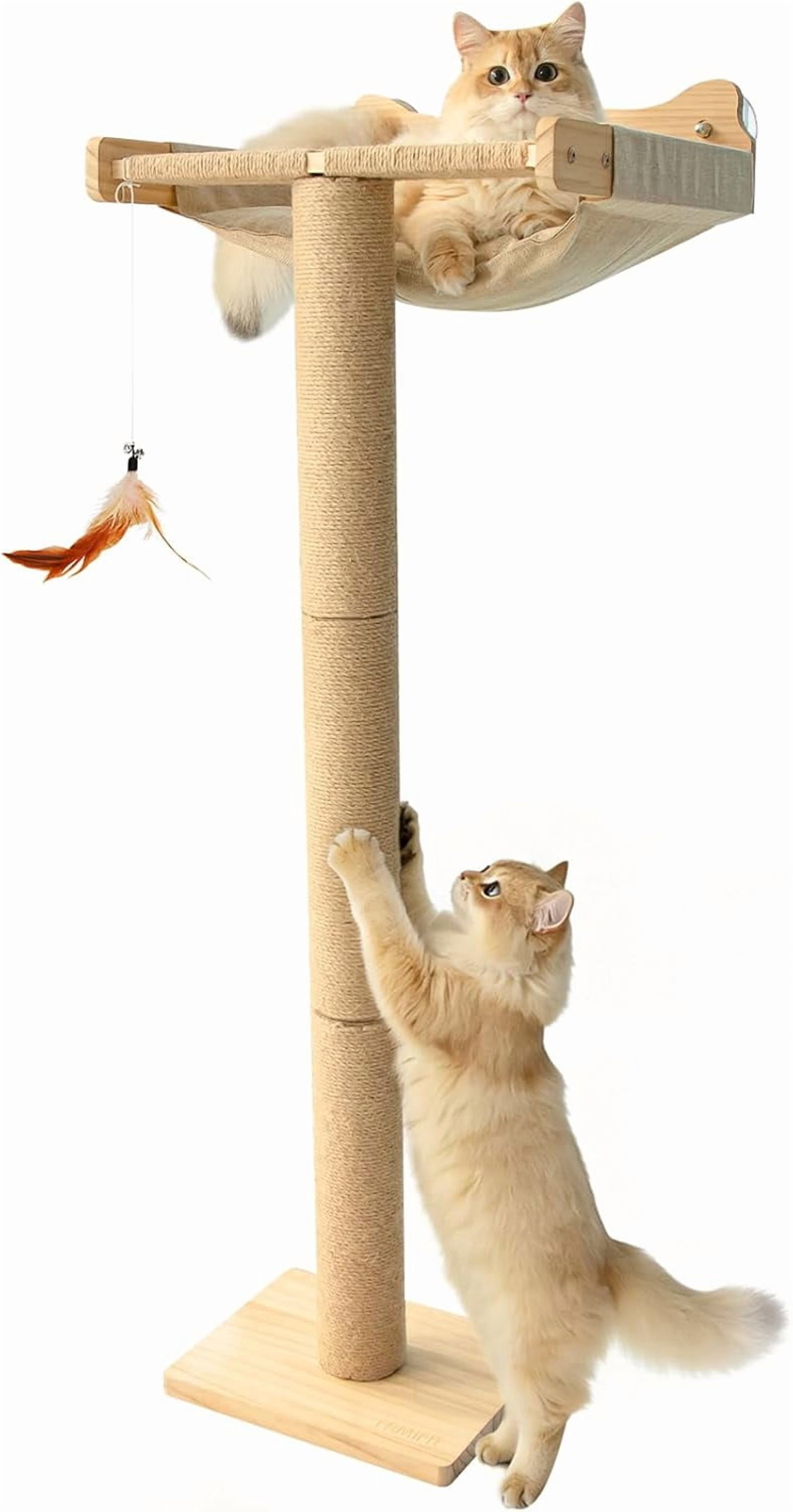 Cat Window Perch Hammock with 3-Piece Detachable Sisal Scratching Posts, Gray Fluffy Cusion, Drill-Free Suction Cup Mount, Multi-Level Climbing Perch for Bird Watching, 45 LBS Capacity