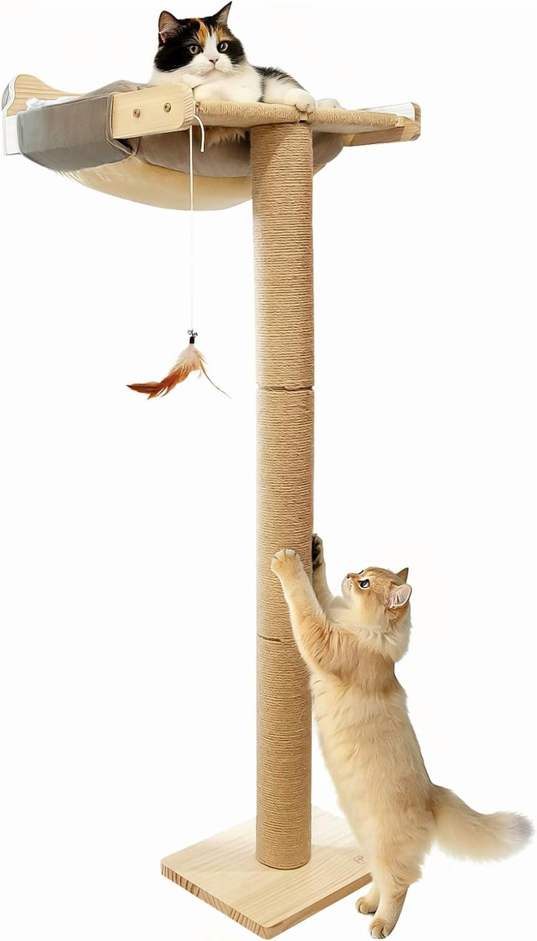 Cat Window Perch Hammock with 3-Piece Detachable Sisal Scratching Posts, Gray Fluffy Cusion, Drill-Free Suction Cup Mount, Multi-Level Climbing Perch for Bird Watching, 45 LBS Capacity