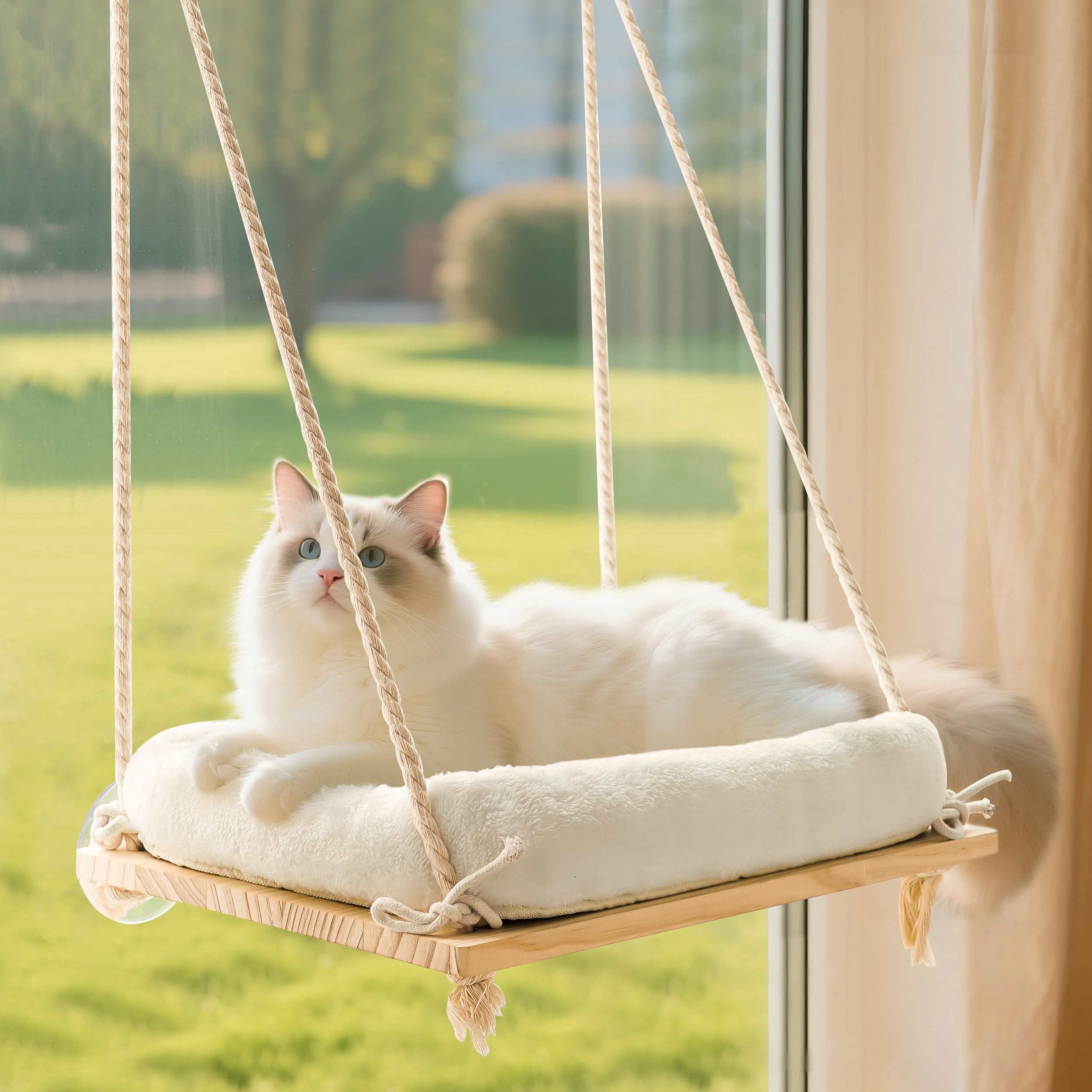 Cat Window Perch  Hammock Bed With Solid Wood Seat 4 Heavy Duty Suction Cups Plush Cushion Indoor Pet For Cats Large