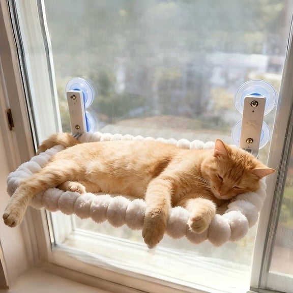 Cat Window Perch Premium Cat Window Hammock with 4 Large Suction Cups & Soft Bubble Cushion,Strong Rustproof Metal Frame Window Bed Holding 40lbs (White, 14.17×23.62 in)