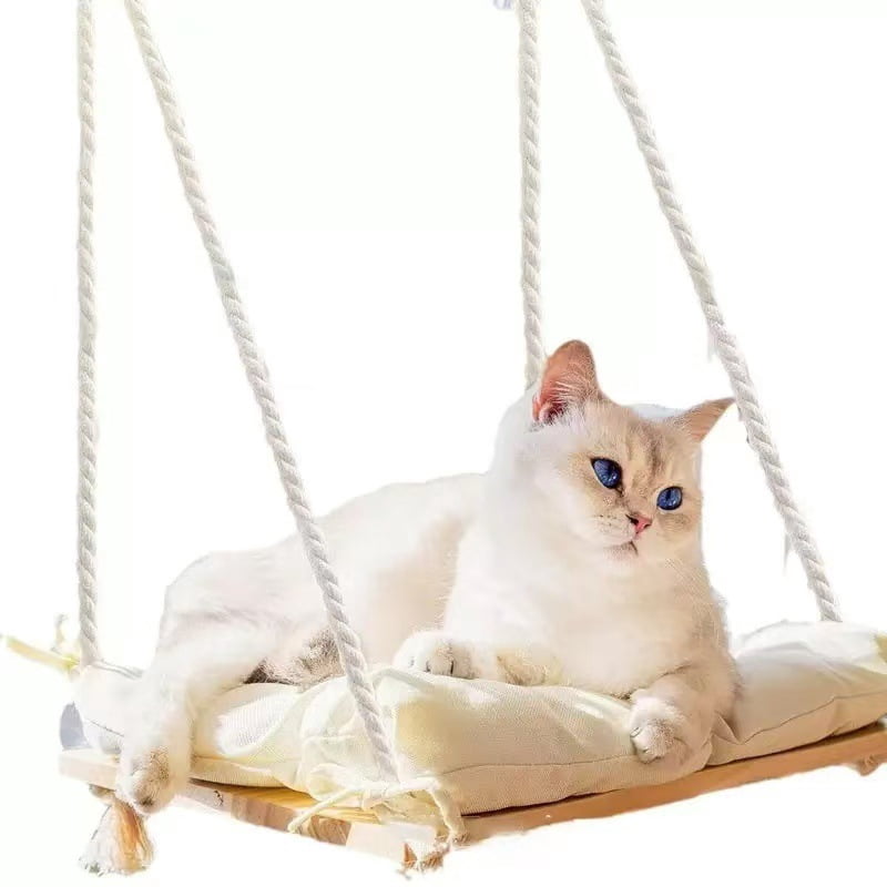 Cat Window Perch, Rustic Cat Hammock Bed with Solid Wood Seat 4 Heavy Duty Suction Cups, Plush Cushion, Indoor Pet Window Hammock for Cats for Large Cats
