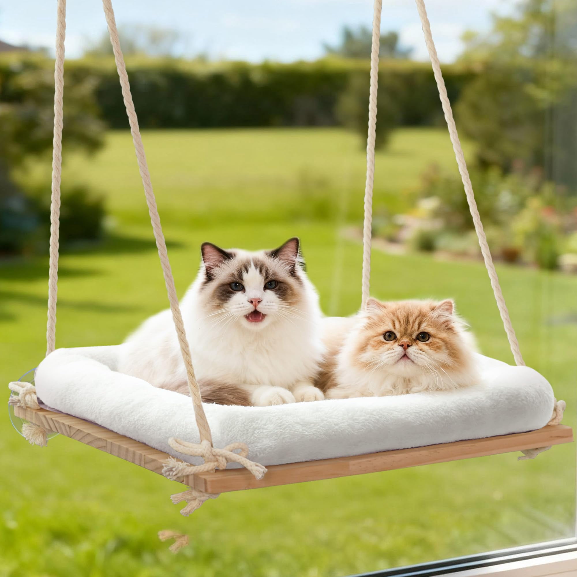 Cat Window Perch  Rustic Hammock Bed With Solid Wood Seat 4 Heavy Duty Suction Cups Plush Cushion Indoor Pet For Cats Large (xl)