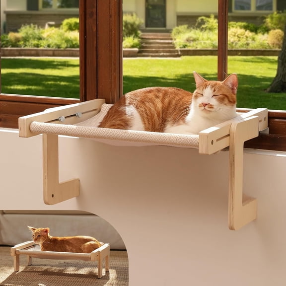 Cat Window Perch, Sturdy Wood Hammock Window Bed for Indoor Cats | 3-in-1 Convertible Cat Bed for Windowsill, Bedside & Floor, Reinforced Metal Frame Hammock with Washable Linen Fabric