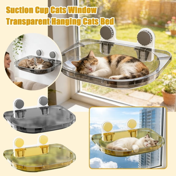 Cat Window Perch, Transparent Suction Cup Hanging Bed with Panoramic View, Space-Saving Indoor Cat Shelf for Sunny Window & Balcony Yellow
