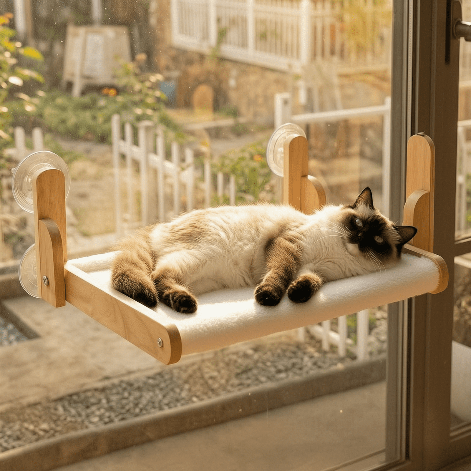 Cat Window Perch with Wooden Frame, Foldable Cat Hammock Bed for Indoor Cats, Soft Plush Cover, Strong Suction Cups, No Drilling, Cat Window Hammock for Small Size Windows