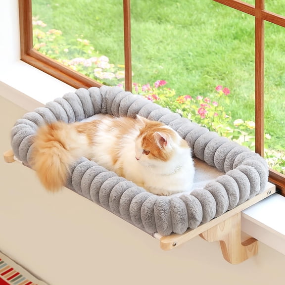 Cat Window Perch with 4-Sided Bolster - Orthopedic Cat Hammock for Window Sill - Solid Hardwood & Metal Frame - Window Seat for Pets (Medium)