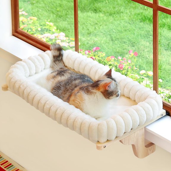 Cat Window Perch with 4-Sided Bolster - Orthopedic Cat Hammock for Window Sill - Solid Hardwood & Metal Frame - Window Seat for Pets (Medium)
