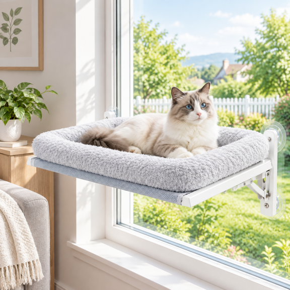 Cat Window Perch with Faux Rabbit Bed and Fold-Down Teslin Surface