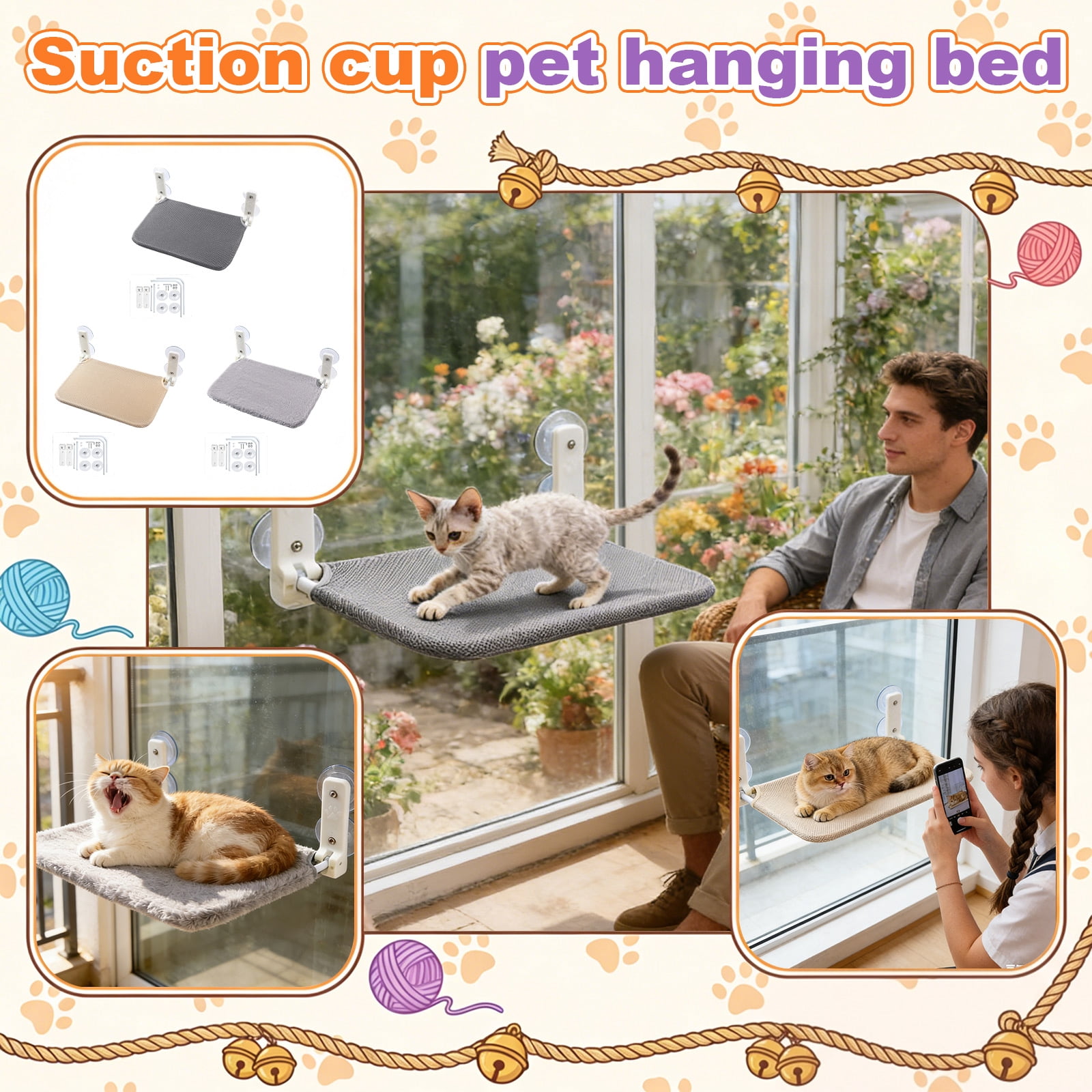 Cat Window Seat for Indoor Cats Extra Large Cat Hammock Bed with Heavy Duty Cups for Glass Windows, Sturdy Cat Bed for Window Perch Sleeping Sunbathing