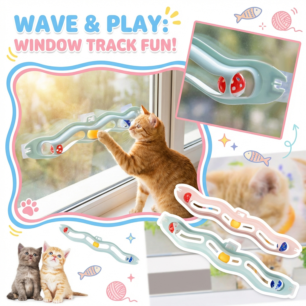 Cat Window Track Toy with Suction Cup Bell Roll Track Ringing Balls ...