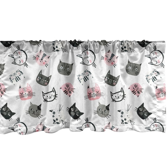 Cat Window Valance, Little Kitty Faces Animal Cartoon Style Pattern Minimal Funny Drawing, Curtain Valance for Kitchen Bedroom with Rod Pocket, 54" X 18", Rose Dark Grey and White, by Ambesonne