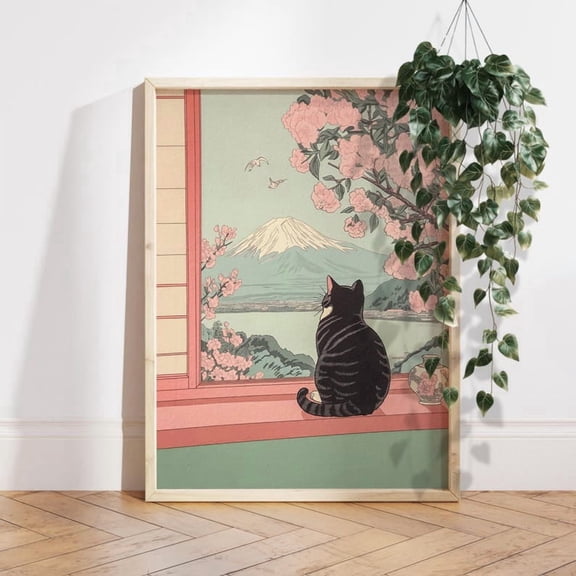 Cat Window View Poster Japanese Sakura Landscape Decor Minimalist Aesthetic Wall Art Zen Style Nature Print Calm Scene Gift Idea Size 24x36 Unframed Poster