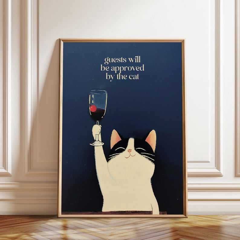 Cat And Wine Art Poster - Humorous Cat Wall Decor - Funny Cat Wall Art ...