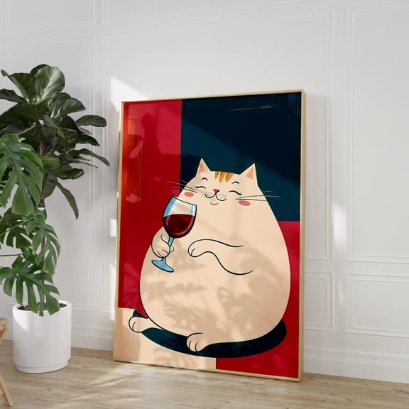 Cat Wine Bar Retro Kitchen Wall Art, Stretched Canvas Size 8x12