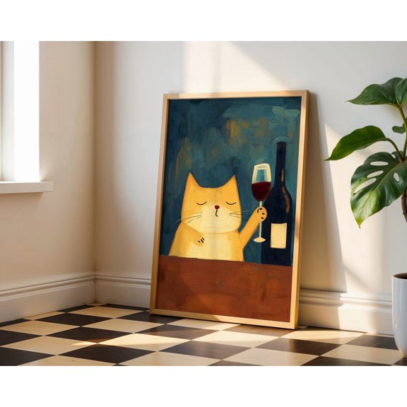 Cat Wine Kitchen Wall Art Print, Unframed Paper Poster 8x10in
