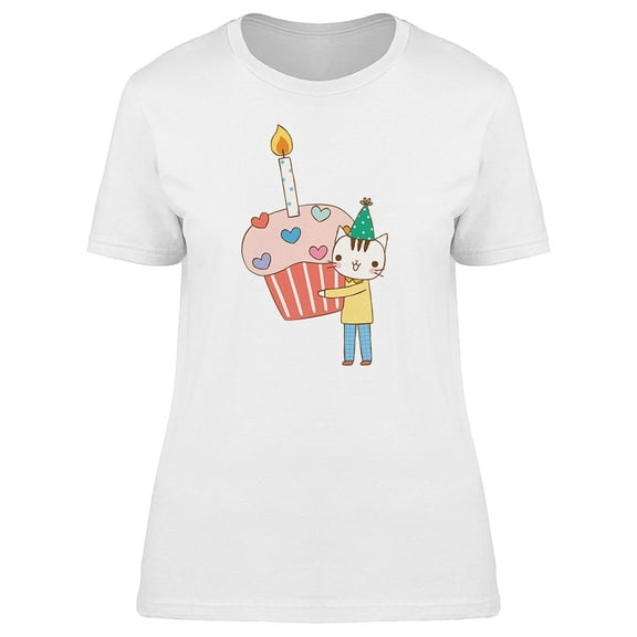 Cat With Birthday Cupcake T-Shirt Women -Image by Shutterstock, Female Medium