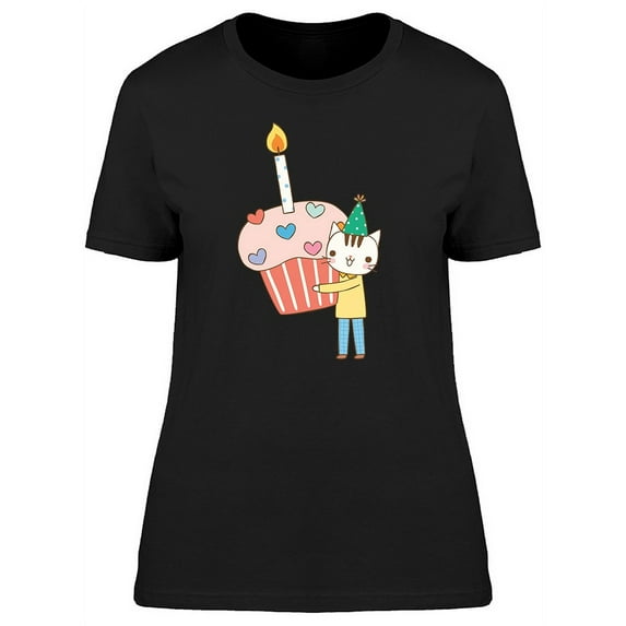 Cat With Birthday Cupcake T-Shirt Women -Image by Shutterstock, Female x-Large