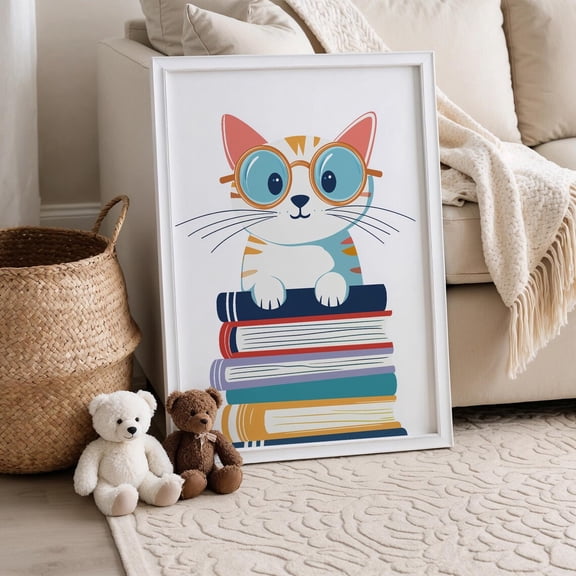 Cat With Books Reading Corner Art Cute Animal Library Decor, Unframed Paper Poster 8x10in