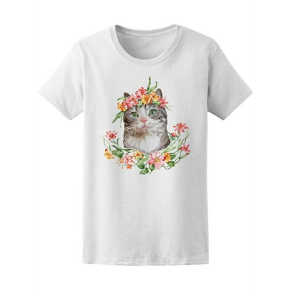 Cat With Floral Crown Adornment T-Shirt Women -Image by Shutterstock, Female Large