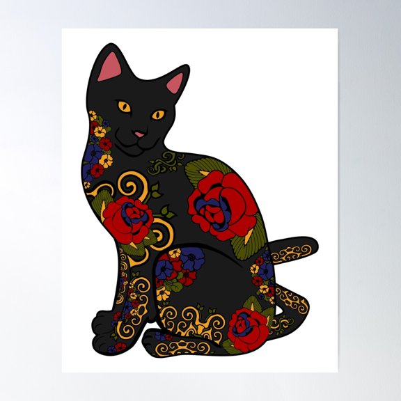 Cat With Flower Tattoos Poster Wall Art, Modern Wall Decor For Living Room Bedroom, 16x24 UNFRAMED