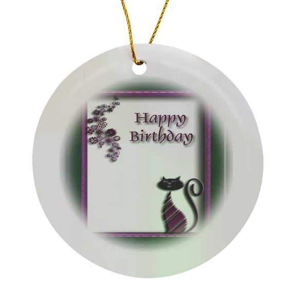 3drose, Cat with Flowers Happy Birthday, Circle Porcelain Ornament