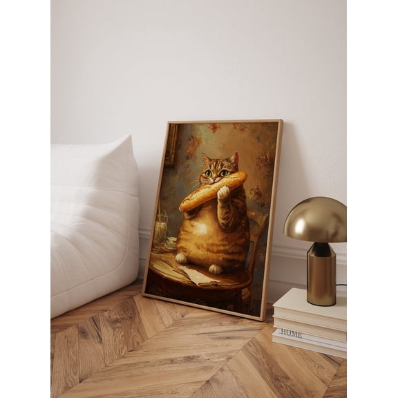 Cat With French Baguette Wall Art Print, Vintage Inspired Bakery And Kitchen Decor