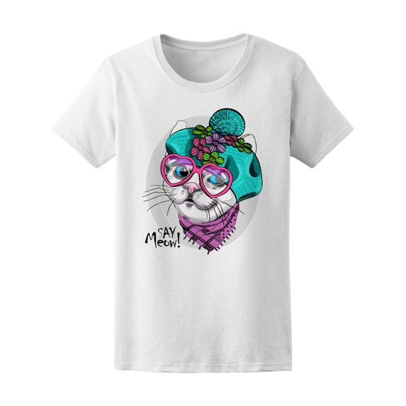 Cat With Hearty Glasses And Hat Tee Women's -Image by Shutterstock