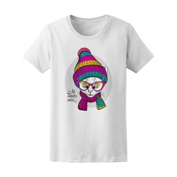 Cat With Knitted Hat Scarf T-Shirt Women -Image by Shutterstock, Female Large