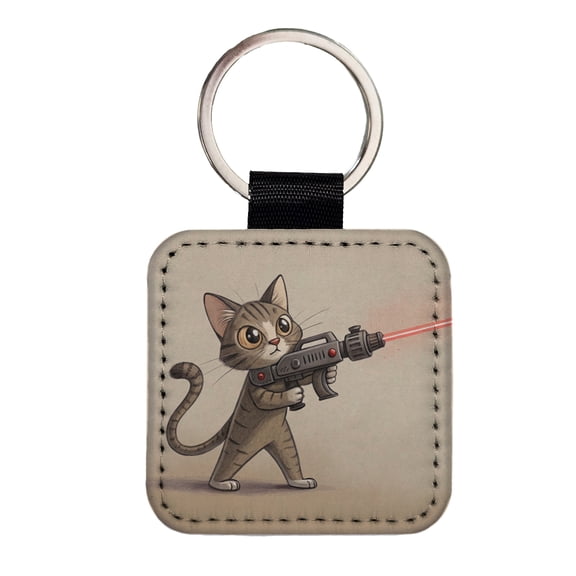 Cat With Laser Gun Sci-fi Cartoon Faux Leather Square Keychain