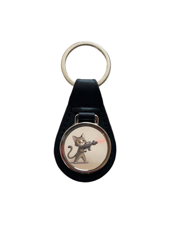 Cat With Laser Gun Sci-fi Cartoon Metal Black Leather Keychain