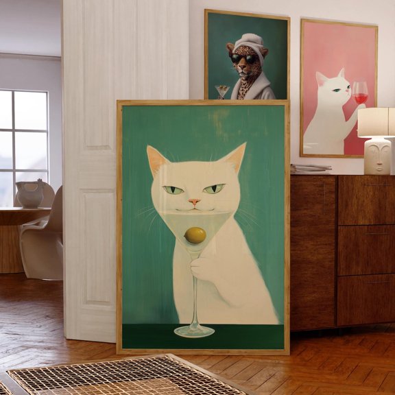 Cat With Martini Whimsical Cocktail Print Retro Kitchen Decor Quirky Bar Cart Art, Unframed Paper Poster 8x10in