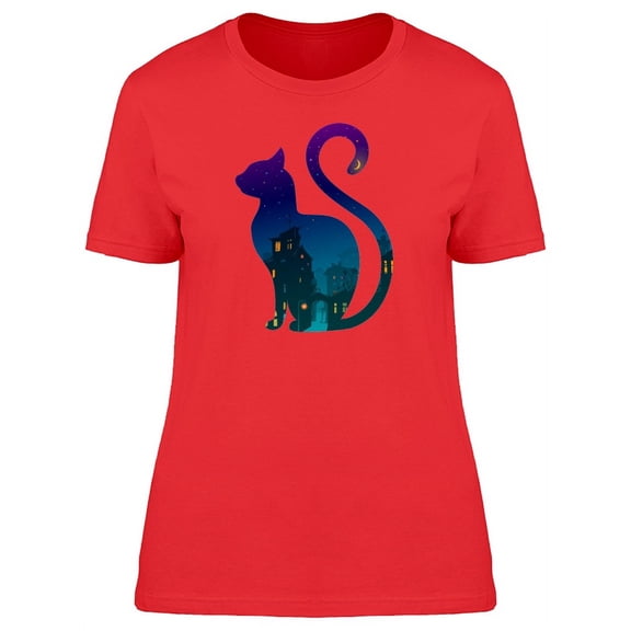 Cat With Night Town Silhouette T-Shirt Women -Image by Shutterstock, Female Medium