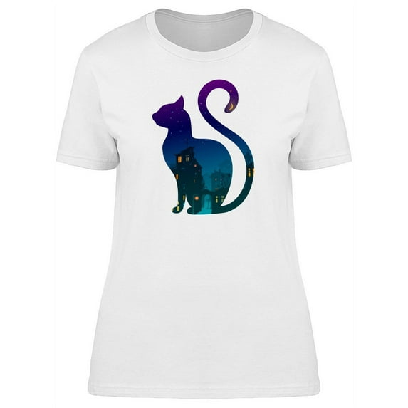 Cat With Night Town Silhouette T-Shirt Women -Image by Shutterstock, Female XX-Large