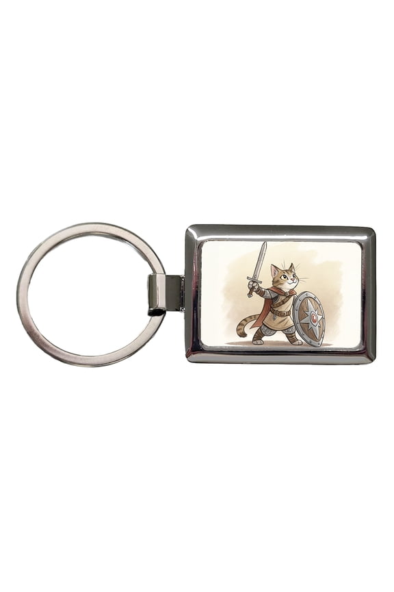 Cat With Sword And Shield Fantasy Medieval Cartoon Metal Rectangle Keychain