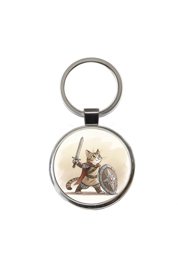 Cat With Sword And Shield Fantasy Medieval Cartoon Metal Round Keychain