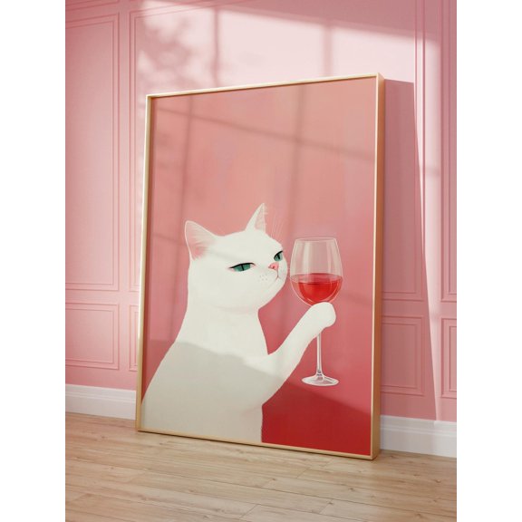 Cat With Wine Print Bar Cart Decor Retro Kitchen Cute Preppy Animal Wall Art, Unframed Paper Poster 24x36in