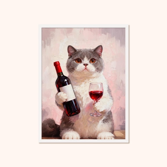 Cat With Wine Wall Art, Bar Cart Decor Kitchen Poster, Unframed Poster Size 8x12