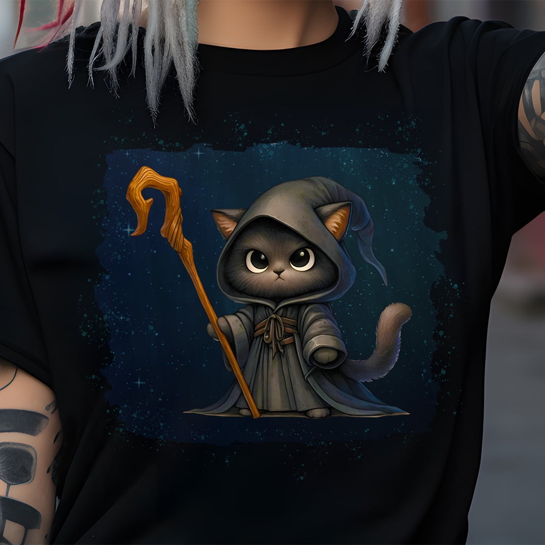 Cat Wizard TShirt, Cat in Cloak with Staff Tshirt, Cat Shirt, Magic