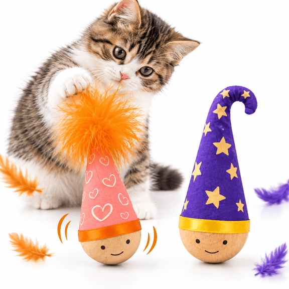 Cat Wobble Toy Interactive Self-Righting Wobble Cat Toy 2Pcs Beechwood Cat Tumbler Toy for Indoor Cats and Small Dogs