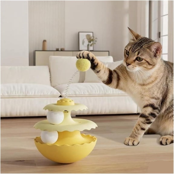 Cat Wobble Toy with Spring Plush Ball, Self Play Bouncing Tumbler for Indoor Cats, Energy Release Exercise Toy, Interactive Kitty Entertainment Accessory