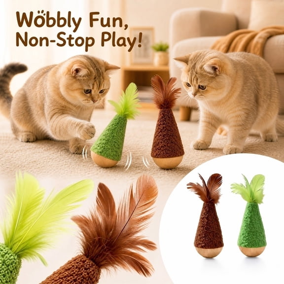 Cat Wobble Toys Interactive Self Righting Tumbler with Weighted Base and Feather Tuft for Indoor Cats Active Play and Exercise 2 Pack