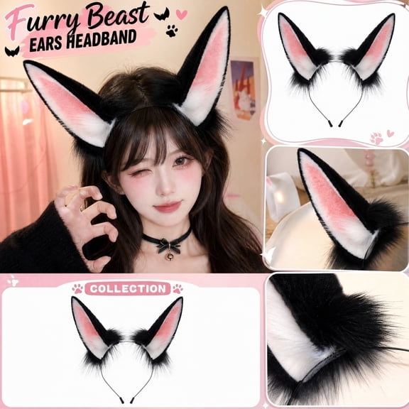 Cat Wolf Fox Dog Ears Headband Handmade Faux fur Cosplay Halloween Costume Party,Handmade Animal Furry Ears Hair Hoop,Realistic Animal Ear Costume Accessory for Party Anime Cos Lolita Dress Up