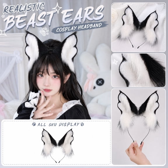 Cat Wolf Fox Dog Ears Headband Handmade Faux fur Cosplay Halloween Costume Party,Handmade Animal Furry Ears Hair Hoop,Realistic Animal Ear Costume Accessory for Party Anime Cos Lolita Dress Up