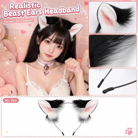 Cat Wolf Fox Dog Ears Headband Handmade Faux fur Cosplay Halloween Costume Party,Handmade Animal Furry Ears Hair Hoop,Realistic Animal Ear Costume Accessory for Party Anime Cos Lolita Dress Up