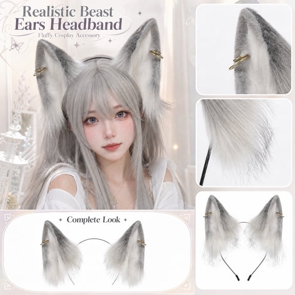 Cat Wolf Fox Dog Ears Headband Handmade Faux fur Cosplay Halloween Costume Party,Handmade Animal Furry Ears Hair Hoop,Realistic Animal Ear Costume Accessory for Party Anime Cos Lolita Dress Up